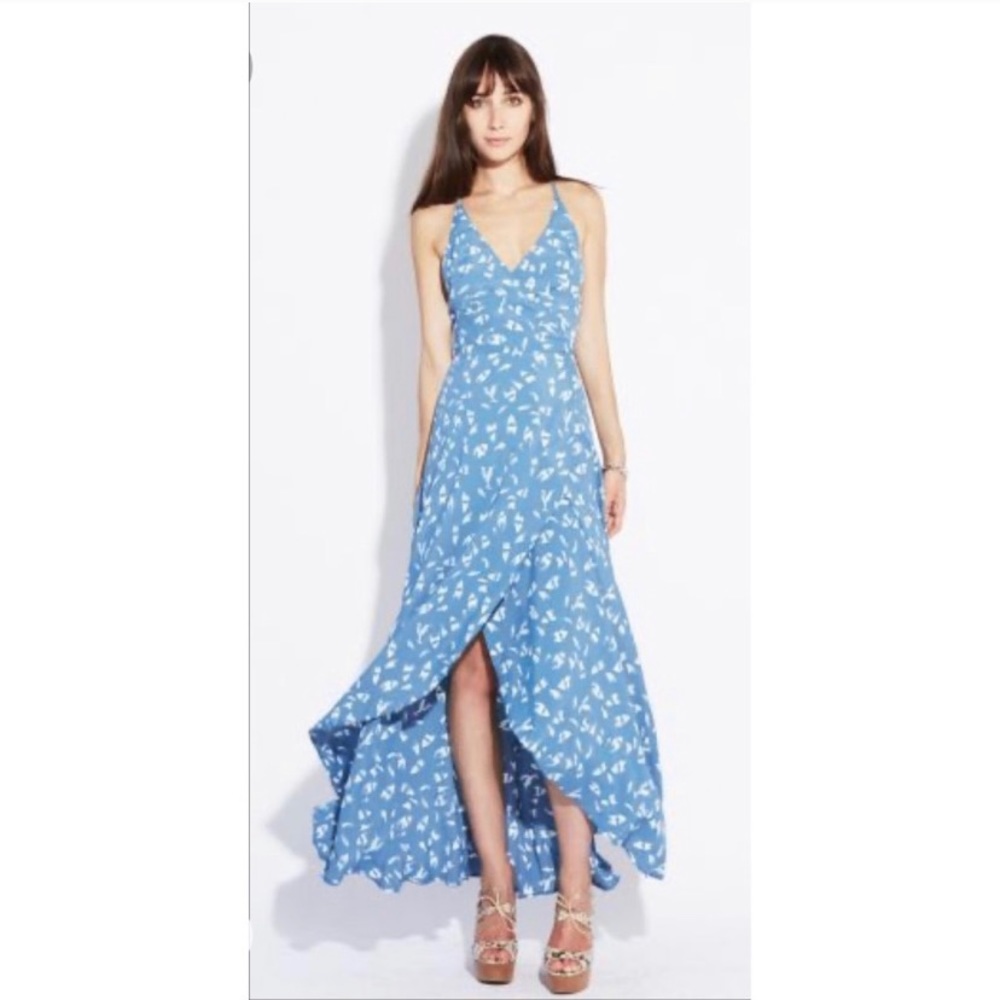 REFORMATION BLUE DRAGON WRAP MAXI DRESS